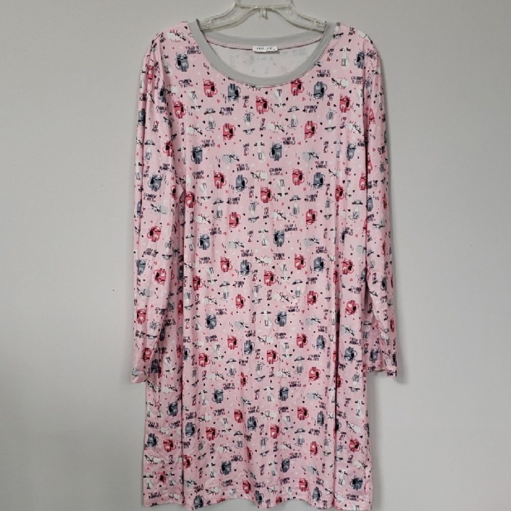 Ekouaer Sleepwear Womens 2XL Cat Nap Kitten Pink Print Long Sleeve Night Shirt